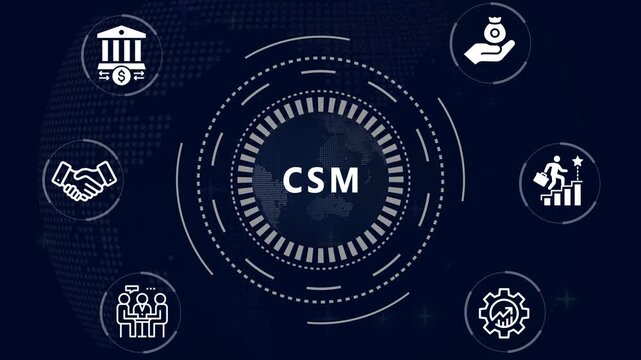 Financial and Business  CSM cronym in center of hexagonal diagram with business icons and  Accents finance technology world map ON BACKGROUND...