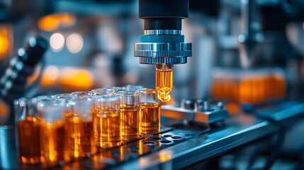 A robotic arm precisely dispenses liquid into glass vials in a high-tech laboratory setting emphasizing precision and automation for scientific research or quality control procedures with