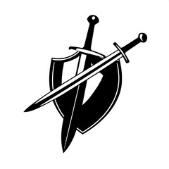 Medieval weapon logo featuring a sword passing through a circular shield, rendered in a black silhouette vector style with clean lines and minimalist details, presenting a simple yet striking icon des