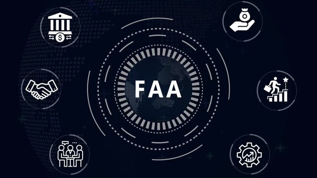 Financial and Business  FAA cronym in center of hexagonal diagram with business icons and  Accents finance technology world map ON BACKGROUND...