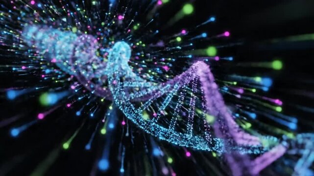 Abstract rendering of a DNA double helix with vibrant particles exploding outwards against a black background