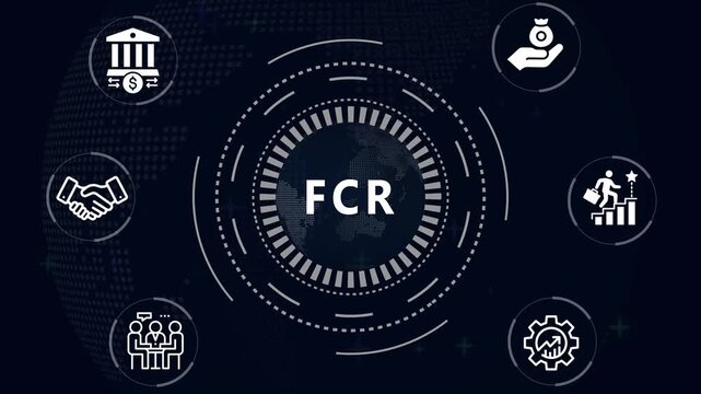Financial and Business  FCR cronym in center of hexagonal diagram with business icons and  Accents finance technology world map ON BACKGROUND...