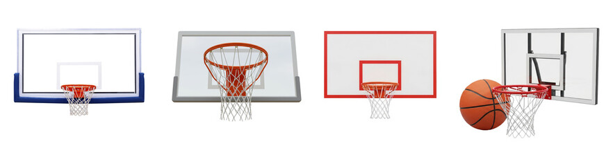a diverse collection of realistic 3d renders showcasing various basketball hoops and backboards, isolated for design. © LifestylePNG