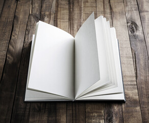 Photo of blank opened book on wooden surface.