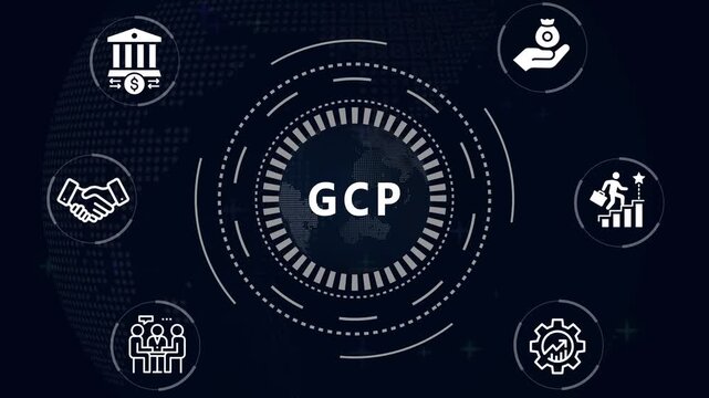 Financial and Business  GCP cronym in center of hexagonal diagram with business icons and  Accents finance technology world map ON BACKGROUND...