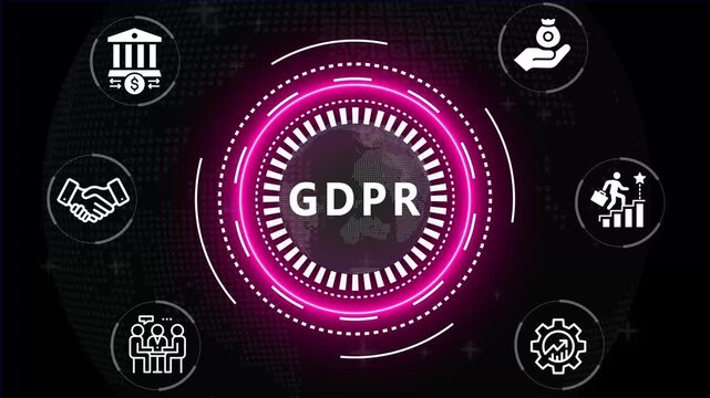 Financial and Business  GDPR cronym in center of hexagonal diagram with business icons and  Accents finance technology world map ON BACKGROUND...