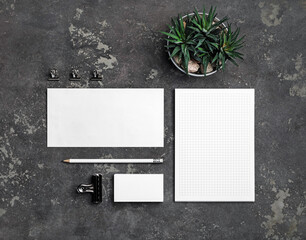 Blank branding stationery set on concrete surface. Stationery elements. Flat lay.