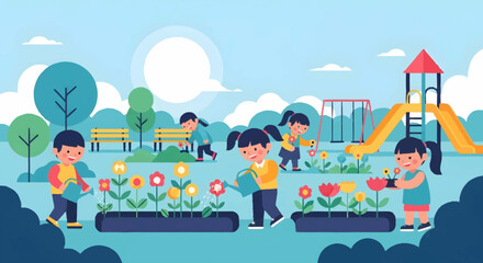 Naklejka premium Children happily gardening and playing in a vibrant park on a sunny day