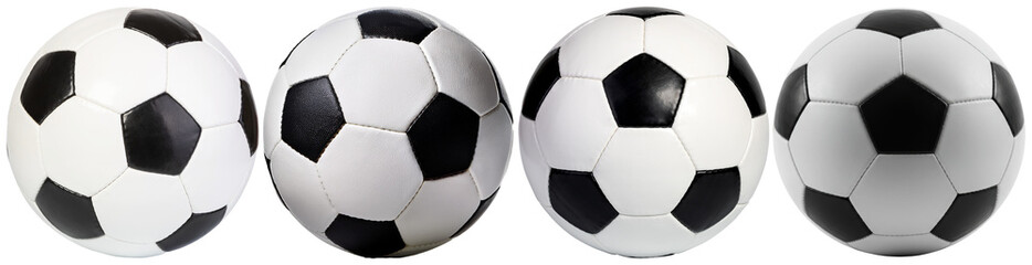 array of classic black and white soccer balls, expertly photographed, ready for play and competition.