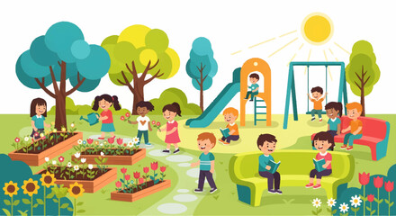 Fototapeta premium Children enjoying a sunny day at the park with flowers and playground