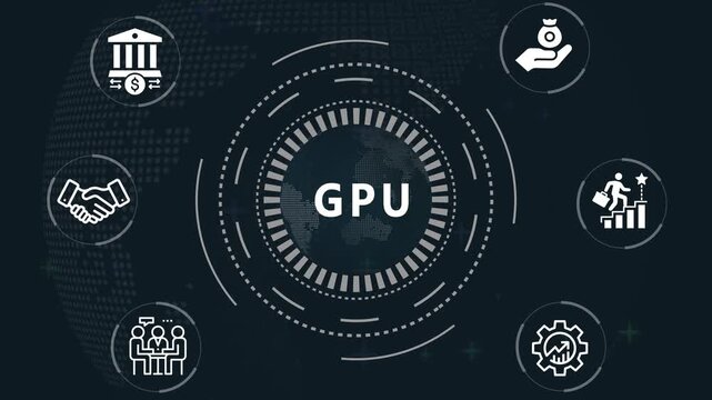 Financial and Business  GPU cronym in center of hexagonal diagram with business icons and  Accents finance technology world map ON BACKGROUND...