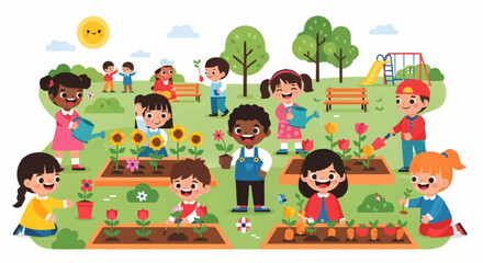 Obraz premium Children happily gardening together in a vibrant park on a sunny day