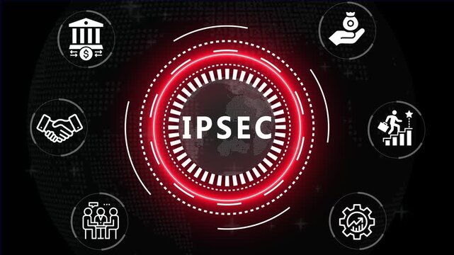 Financial and Business  IPSEC cronym in center of hexagonal diagram with business icons and  Accents finance technology world map ON BACKGROUND...