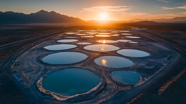 Aerial view of circular lithium brine extraction ponds at sunrise with reflective water surfaces surrounded by arid landscape and distant mountains under golden sky capturing industrial mining