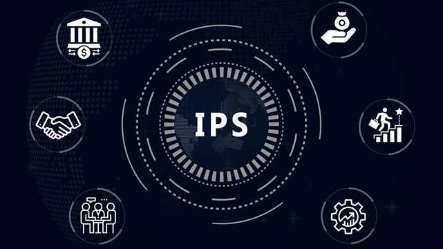 Financial and Business  IPS cronym in center of hexagonal diagram with business icons and  Accents finance technology world map ON BACKGROUND...