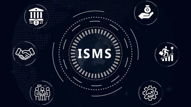 ISMS acronym in center of hexagonal diagram with business icons and  world map Keywords:  ISMS Acronym, Business, technology, Diagram, hexagonal, concept, icons hexagonal, icons, world map