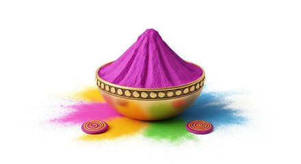 Purple powder in a traditional golden bowl with colorful powder splashes for holi festival celebration