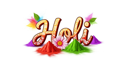 Artistic happy holi typography with colorful powder bowls and flowers for indian festive celebration