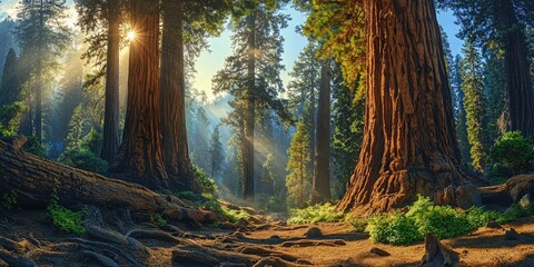 Obraz premium Dense forest of tall pine trees engulfed in wildfire, intense flames and smoke rising between trunks, sunlight filtered through haze, dramatic and destructive scene. Generative by AI.