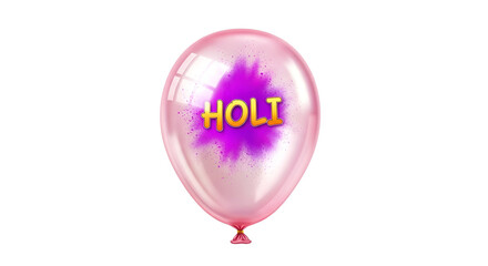 Pink happy holi balloon with purple powder splash isolated on white background for festive party decoration