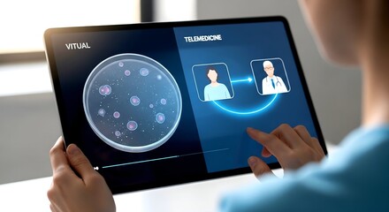 Telemedicine tablet display showing virtual consultation and cel