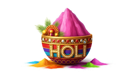 Bright pink powder in a traditional golden bowl with holi text for indian spring festival and cultural celebration