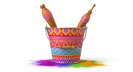 Traditional colorful metal bucket with wooden sticks and powder splashes for indian holi festival celebration isolated on white background