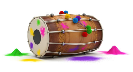 Traditional wooden dholak drum with colorful powder splashes for indian festival music and celebration