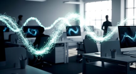 Modern Office with Abstract Data Stream and Silhouetted Figures