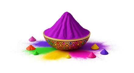 Bright purple powder in a traditional golden bowl with colorful splashes for holi festival