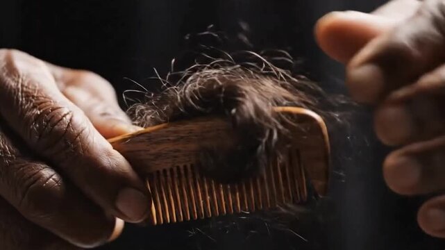A captivating close-up shot focuses on the textured, aged hands of an individual meticulously cleaning a classic wooden comb, carefully removing tangled strands of hair against a deep, dark background