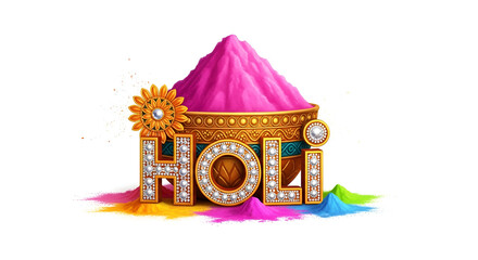 Happy holi text design with pink powder and golden traditional pot for indian spring festival