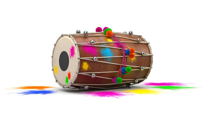Traditional wooden dholak drum with colorful powder splashes for indian music and festival celebration