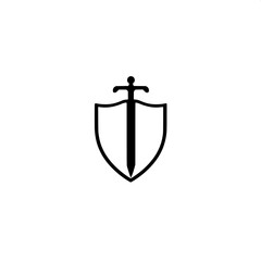 Minimal sword and shield icon featuring a black flat silhouette of a sword and shield overlapping, centered perfectly in the frame, with a modern logo design aesthetic, set against a clean and crisp w