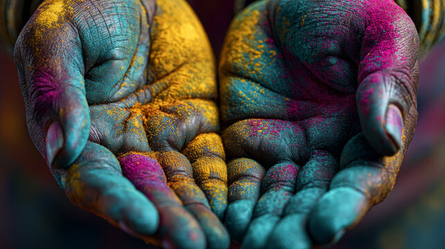 A hand holding a hand full of colorful powder. The hand is holding the powder in a way that it looks like it is being held in a bowl. Holi festival in India, World Art Day.