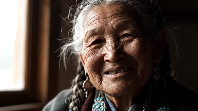 Elderly woman with braids smiling, showcasing artificial intelligence in facial expression analysis indoors