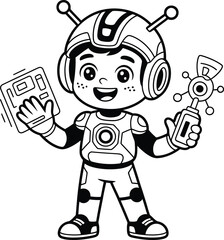  Futuristic child vector cartoon in robot-themed suit with helmet, tablet, gadget, boots, and playful black-and-white design.