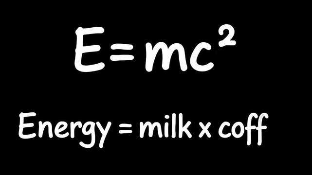 Humorous handwritten equation showing the famous energy-mass equivalence formula e equals mc squared written in white chalk style.