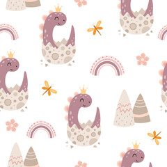 Cute dinosaur seamless pattern for girly print. Cartoon dino girl background, Prehistoric animal, Jurassic character illustration, Kids vector background. © JulzaArt