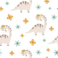 Summer seamless pattern with coquette dinosaur and flowers. Cute dino girl background, Jurassic animal repeat paper, Kids vector illustration. © JulzaArt