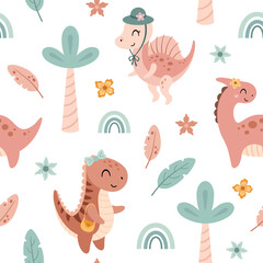 Coquette pink dinosaurs seamless pattern. Cute dino girl and tropical plants, Prehistoric animal background, Jurassic character repeat illustration. © JulzaArt