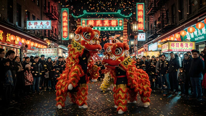 Obraz premium Lion Dance Performance in Chinatown at Night.