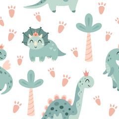 Cartoon dinosaur girl seamless pattern. Cute dino princess, Prehistoric animal background, Jurassic character illustration, Kids vector design. © JulzaArt