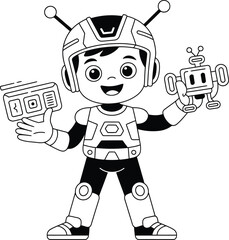Futuristic robot-themed child vector cartoon with helmet, tablet, smiling robot, and tech suit in black-and-white style.