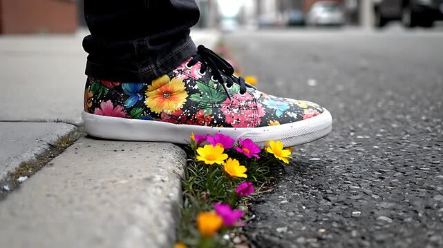 Colorful floral canvas sneaker resting near a concrete curb alongside vibrant tiny yellow and pink blossoms growing stubbornly from the pavement crack symbolizing urban resilience and nature's beauty.