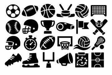 Collection of black sports icons: soccer, basketball, baseball, and more