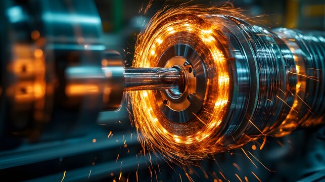 A close-up of a spinning metal shaft in industrial machinery with bright orange sparks flying outward during precision machining process highlighting mechanical engineering and manufacturing