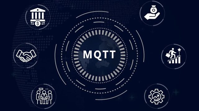 MQTT acronym in center of hexagonal diagram with business icons and  world map Keywords:  MQTT Acronym, Business, technology, Diagram, hexagonal, concept, icons hexagonal, icons, world map