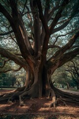 Obraz premium Majestic Ancient Tree with Massive Roots in Green Park