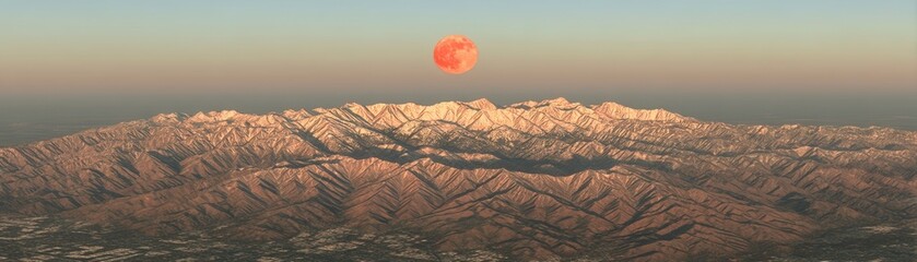 A breathtaking view of mountains under a vibrant, orange moon, showcasing the beauty of nature at dusk.